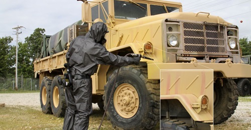 When CIDAS is applied to a surface in liquid form as a spray, a colour change identifies the precise location of contamination by a chemical warfare agent.