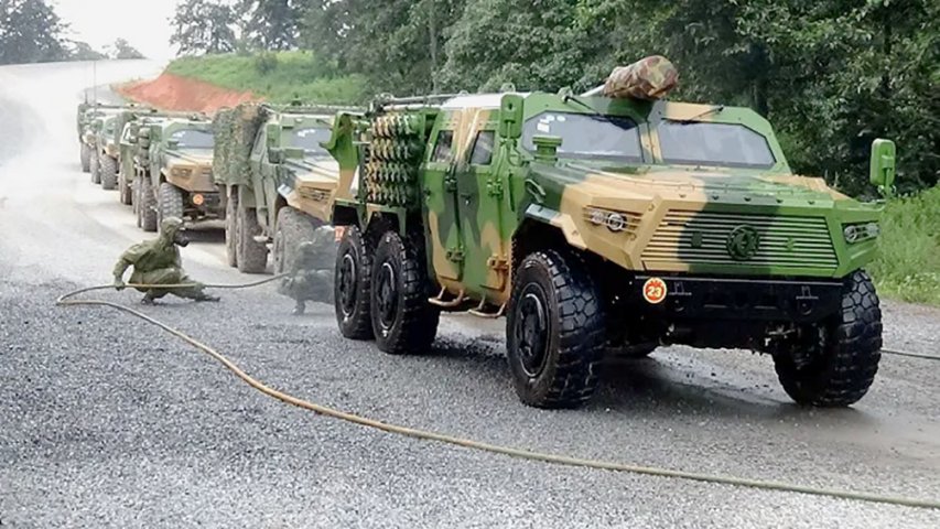 Chinese state-owned media released images on 29 September showing a new 122 mm CTL181A-based SPH alongside other CTL181A armoured vehicles in Yunnan Province. The vehicles, which took part in field tests in Yunnan Province, are seen here being decontaminated. (China Weapon Test)