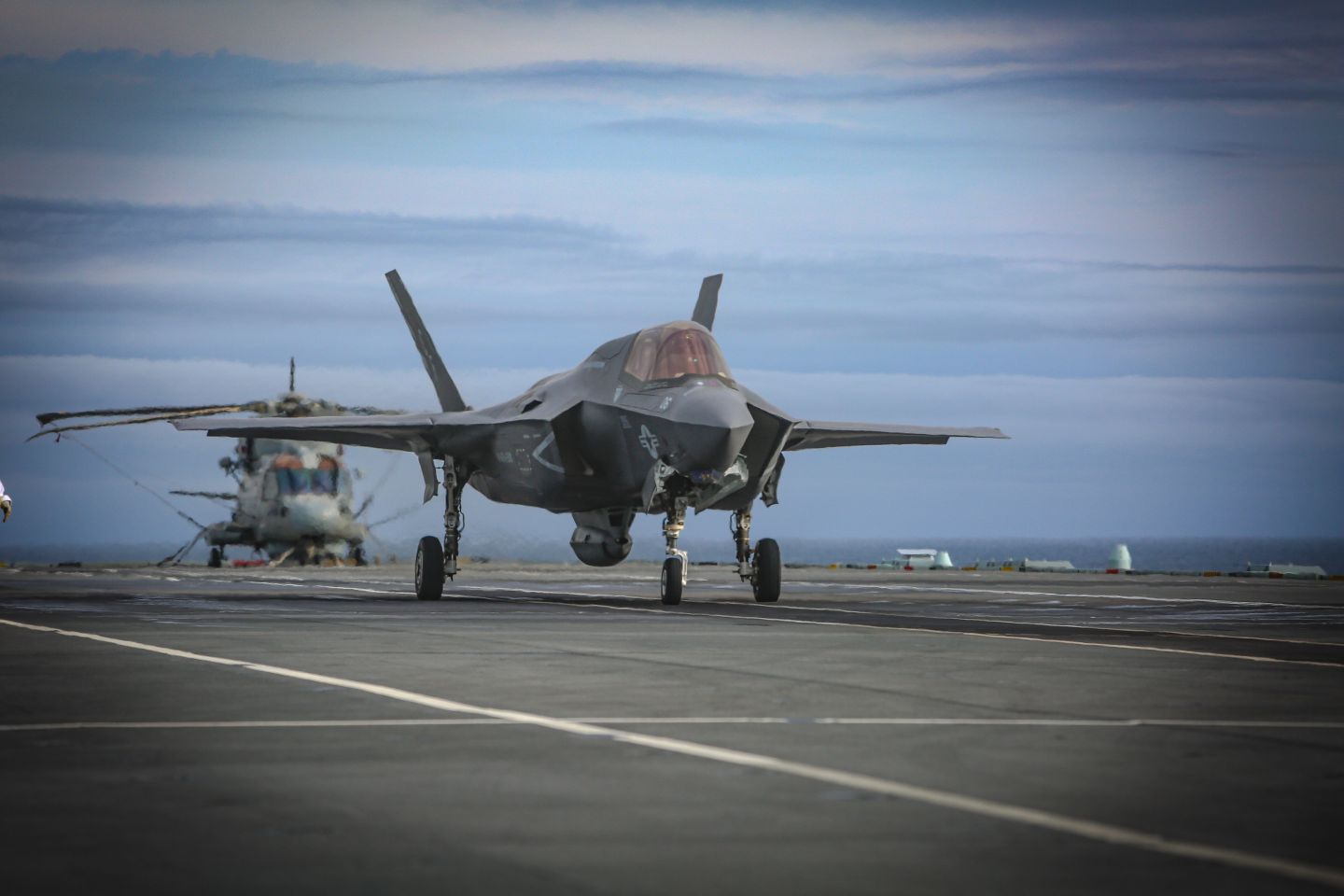 
        A US Marine Corps F-35B accelerates in preparation for launch from the deck of HMS 
        Queen Elizabeth
         at sea on 28 September 2020. The Pentagon and Lockheed Martin reached a tentative deal on the company reimbursing the US services over labour costs they incurred in managing non-ready-for-issue, or installation, spare parts for their F-35 aircraft.
       (3rd Marine Aircraft Wing)
