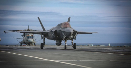 A US Marine Corps F-35B accelerates in preparation for launch from the deck of HMS 
        
         at sea on 28 September 2020. The Pentagon and Lockheed Martin reached a tentative deal on the company reimbursing the US services over labour...