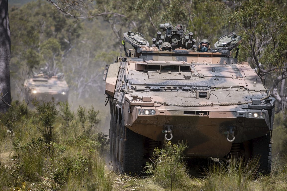 Soldiers from the 2nd/14th Light Horse Regiment of the Queensland Mounted Infantry conduct cross-country training in new Boxer armoured vehicles at the Wide Bay Training Area in Queensland.  (Commonwealth of Australia 2020/Department of Defence)