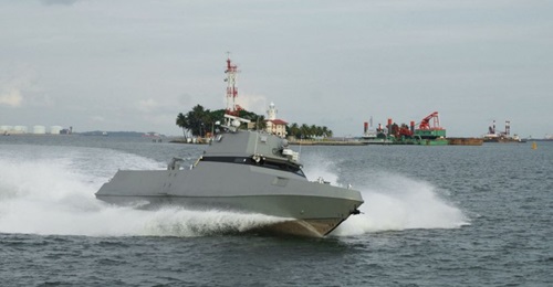A future Republic of Singapore Navy's coastal defence USV, seen here during trials in Singapore waters.