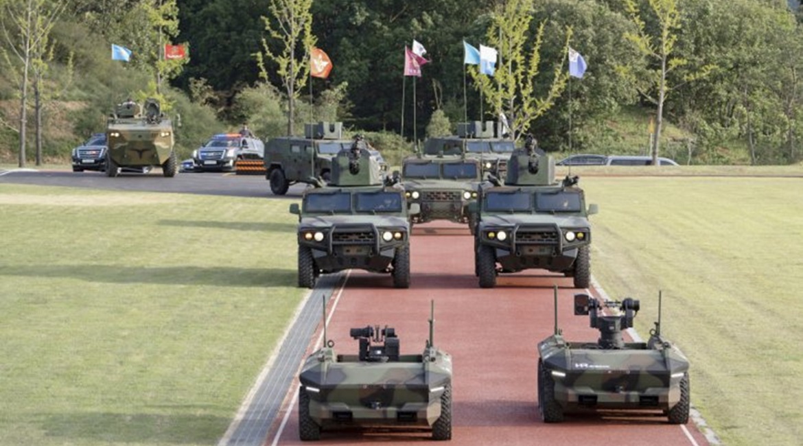 A pair of HR-Sherpa UGVs seen leading a contingent of vehicles during a rehearsal ahead of the 72nd RoK Armed Forces Day celebration.