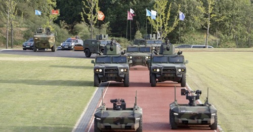 A pair of HR-Sherpa UGVs seen leading a contingent of vehicles during a rehearsal ahead of the 72nd RoK Armed Forces Day celebration.
