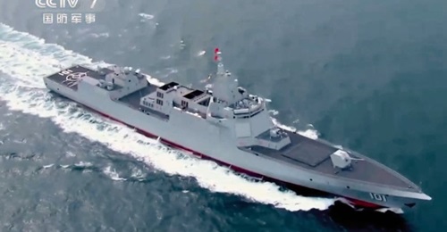 A screengrab from CCTV 7 video footage released on 6 October showing 
        
        , the People's Liberation Army Navy's first Type 055-class destroyer.