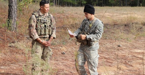 Sergeant First Class Jeremiah Velez, left, an advisor with 3rd Squadron, 1st SFAB, works with a simulated foreign partner during a field training exercise in October 2019 at Fort Benning, Georgia. Soldiers later deployed to Colombia.