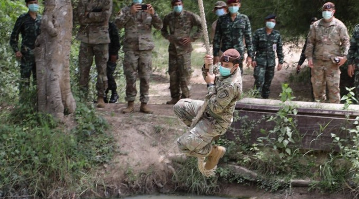 Staff Sergeant Jordan Blas, 5th SFAB team healthcare sergeant, on an obstacle course at Camp Thanarat, Thailand, in August 2020.