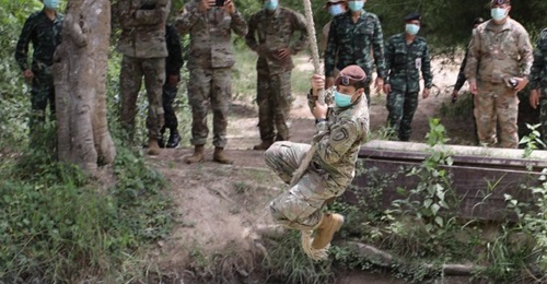Staff Sergeant Jordan Blas, 5th SFAB team healthcare sergeant, on an obstacle course at Camp Thanarat, Thailand, in August 2020.
