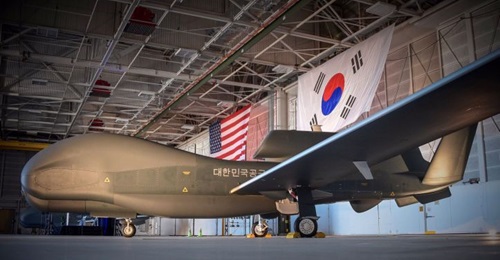 An image released on 19 April by US Ambassador to South Korea Harry Harris showing the first and second RQ-4 Global Hawk UAVs received by the RoKAF.