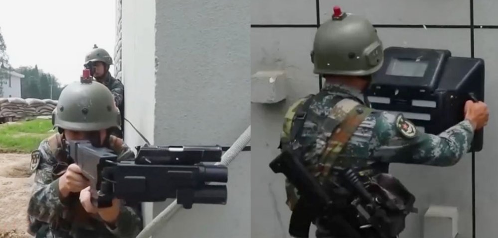 Images from CCTV footage released on 24 October showing troops from the PLAGF’s 71st Group Army conducting urban warfare training at an undisclosed location. The image on the left shows a PLAGF soldier using the CF-06 system, while that on the right shows another soldier employing what appears to be a man-portable, wall-penetrating radar. (CCTV)