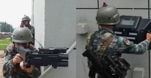 Images from CCTV footage released on 24 October showing troops from the PLAGF's 71st Group Army conducting urban warfare training at an undisclosed location. The image on the left shows a PLAGF soldier using the CF-06 system, while that on the right sh...