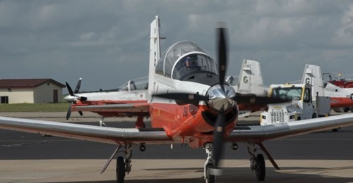 A US Navy Beechcraft T-6B Texan II pictured on 3 October 2019. Two died on 23 October 2020 when a T-6B crashed in Alabama on a training mission.