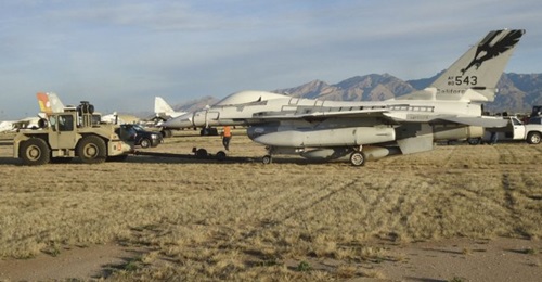 A surplus US Air Force F-16 at the boneyard at Davis-Monthan Air Base, Arizona. Bulgaria is to be gifted two such aircraft to help prepare the country's air force for the latest F-16V Block 70 from 2023.