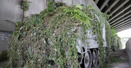 An image showing what appeared to be several RoCA M113-derived armoured vehicles covered in foliage under a bridge during an exercise aimed at practising concealment and camouflage techniques in an urban environment.