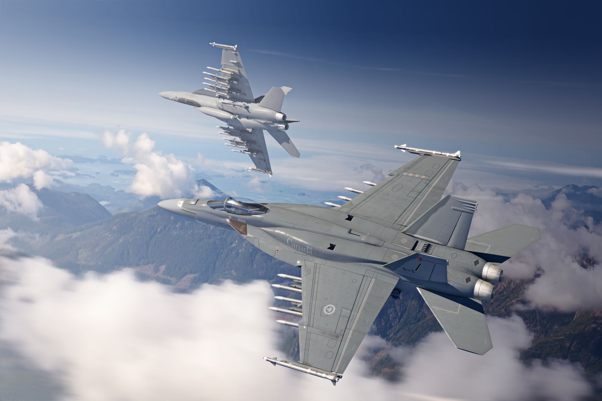 
        Artist’s illustration of Boeing’s Block III Super Hornets with Canadian logos. Two experts that spoke with 
        Janes
         said Boeing’s proposal to perform Block III Super Hornet final assembly in the US and not Canada if it won Canada’s fighter competition was a reasonable business decision.
       (Boeing)