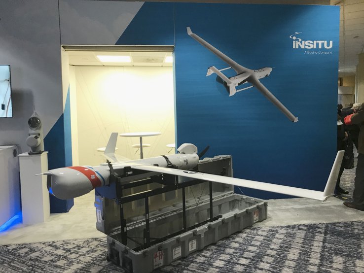 Insitu’s ScanEagle endurance mini-UAS on display at the Surface Navy trade show on 14 January. The USAF seeks information from industry about DE C-UAS technologies to defend against Group 2 UASs, such as the ScanEagle, and smaller. (Janes/Pat Host)