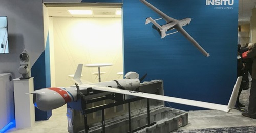 Insitu's ScanEagle endurance mini-UAS on display at the Surface Navy trade show on 14 January. The USAF seeks information from industry about DE C-UAS technologies to defend against Group 2 UASs, such as the ScanEagle, and smaller.