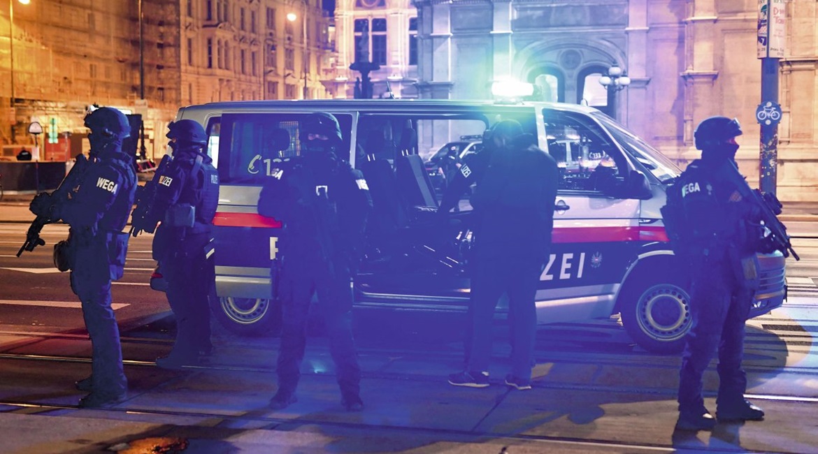 Armed police officers respond to a multiple shooting attack by a suspected Islamist extremist in the central restaurant district of Vienna, Austria, on 2 November. The attack followed a series of Islamist attacks in France.