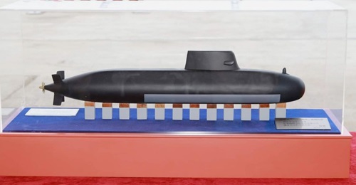A model of Taiwan's first locally designed SSK being displayed in May 2019 in a ceremony to mark the beginning of construction of the island's first submarine-building facility.