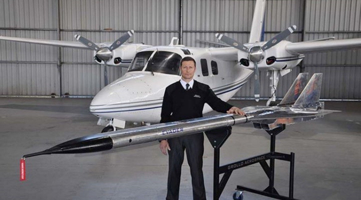 The Australian-developed Evader autonomous aerial target missile system (foreground) and the Aero Commander 500-series aircraft used to test-fire it.