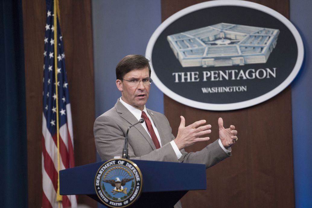 Former Defense Secretary Mark Esper briefed the press in March. Trump announced on 9 November that he had fired Esper. (DoD)