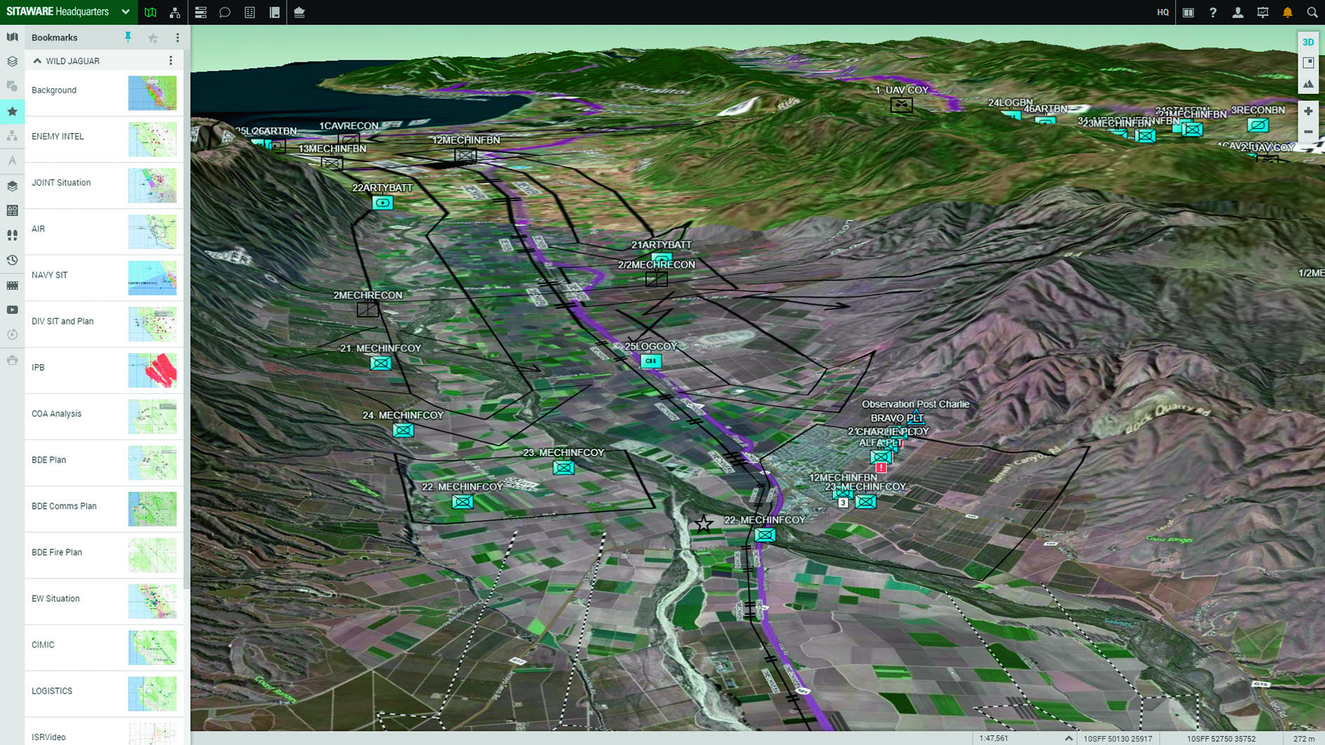 A screenshot for SitaWare HQ showing a 3D image using overhead imagery with the common operational picture overlay. Note the tabs on the left with overlays for different combat functions and plans.  (Systematic)