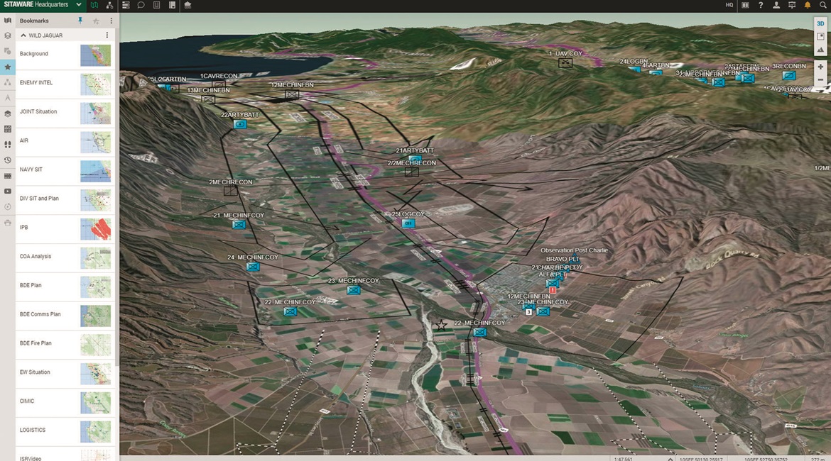A screenshot for SitaWare HQ showing a 3D image using overhead imagery with the common operational picture overlay. Note the tabs on the left with overlays for different combat functions and plans.