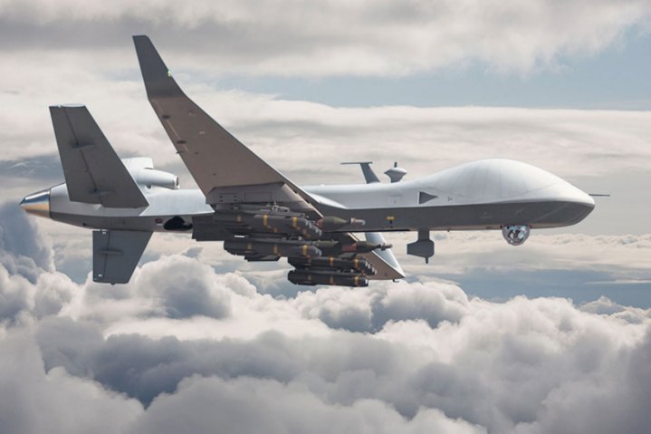 A computer-generated image of an MQ-9B armed with Hellfire missiles and Paveway bombs.  (General Atomics Aeronautical Systems, Inc.)