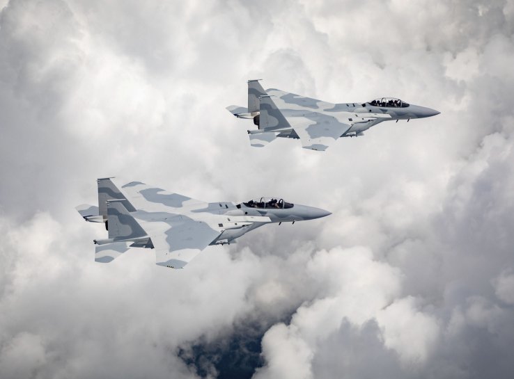 Qatar’s first two F-15QA aircraft seen during a pre-delivery test flight in the United States. Boeing has been awarded multi-billion contracts to support both Qatar’s and Saudi Arabia’s Eagle fleets. (Boeing)