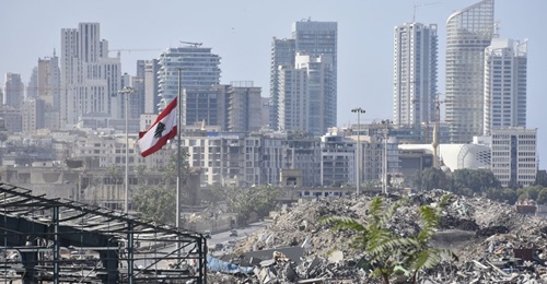A view of wreckage on 7 November 2020 at the site of the 4 August explosion in the port of Beirut. Lebanon's government has been incapacitated since the then prime minister Hassan Diab resigned after the explosion.