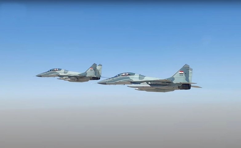 Two MiG-29M2 multirole fighters, one carrying a Kh-31 supersonic air-to-surface missile in a still from the Exercise ‘Eagles of the Nile 1’ video.     (Egyptian Ministry of Defence)