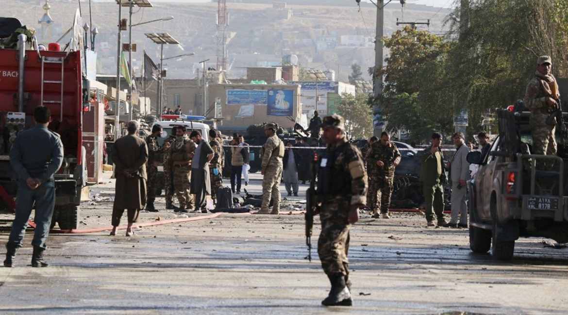 Afghan security forces inspect the scene of a car bomb explosion in Kabul on 27 October that resulted in at least three people being killed and 13 others wounded. The level of violence in Afghanistan remains high, but the Trump administration has annou...