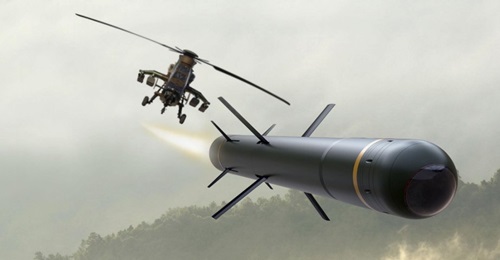 Artist's impression of an MHT missile fired from a Tiger attack helicopter. The image might not be completely representative because the seeker assembly does not indicate an additional channel for laser-designated targeting.