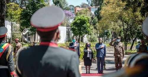 Sahle-Work Zewde (centre L), President of Ethiopia, stands next to Abiy Ahmed (centre R), Prime Minister of Ethiopia, and General Birhanu Jula (R), Chief of General Staff, during an event to honour the national defence forces in the capital Addis Ababa...