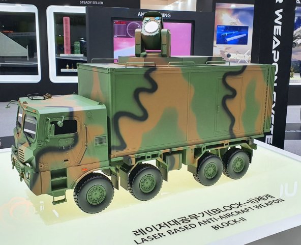 A model of Hanwha’s ‘Laser Based Anti-Aircraft Weapon Block-II’ system as displayed during the 18?20 November DX Korea 2020 defence exhibition in Goyang.  (Dae Young Kim  )
