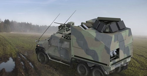 Computer-generated image of the IRIS-T-SLS Mk III system configured with the Hensoldt Spexer lightweight, low power, X-band radar mounted on a General Dynamics European Land Systems Eagle V 6×6 wheeled armoured vehicle.
