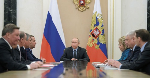 Russian President Vladimir Putin chairs a meeting with members of the Security Council at the Kremlin in Moscow on 5 April 2019. The remit and power of the Security Council have expanded since 2011.