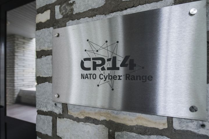 The logo of the NATO Cyber Range CR14 centre, pictured on 1 October 2020 in Tallinn, Estonia. The CCDCOE helped define CC20’s scenario. (Raigo Pajula/AFP via Getty Images)