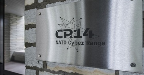 The logo of the NATO Cyber Range CR14 centre, pictured on 1 October 2020 in Tallinn, Estonia. The CCDCOE helped define CC20's scenario.