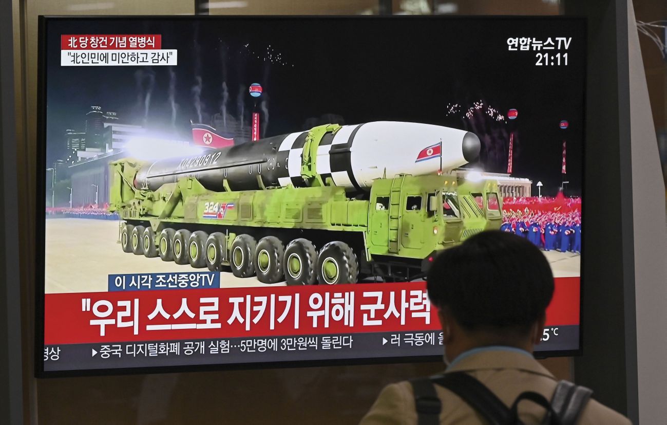 The Hwaseong-16 is shown on a television news broadcast at a railway station in Seoul, South Korea, of a military parade commemorating the 75th anniversary of North Korea’s ruling Workers’ Party held in Pyongyang on 10 October 2020. The new missile is likely to have an impact on the US’s ‘nuclear umbrella’ in the region. (Jung Yeon-je/AFP via Getty Images)