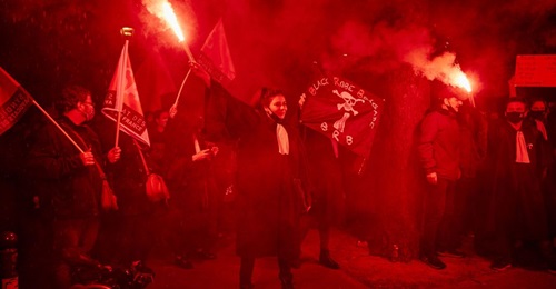 Lawyers and journalists protest outside the National Assembly against the French government's proposed global security law on 17 November 2020 in Paris, France. The protesters included activists, reporters, and unions concerned that Article 24 of the b...