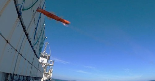 Point of impact: the Sea Venom/ANL missile strikes the target barge at the end of the 17 November qualification test.