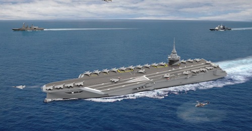Computer-generated imagery of the French Navy's next-generation aircraft carrier.