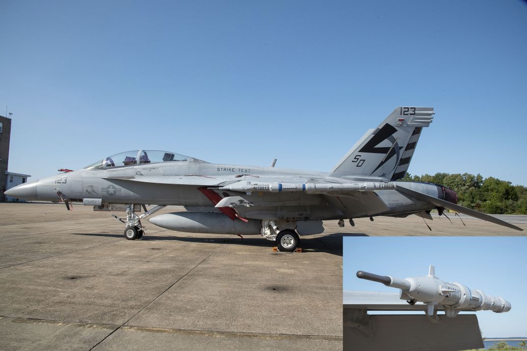 The Collins Aerospace/Leonardo DRS TCTS II pod mounted on the port wingtip of a US Navy F/A-18F, with (inset) a close-up of the pod.  (Collins Aerospace)