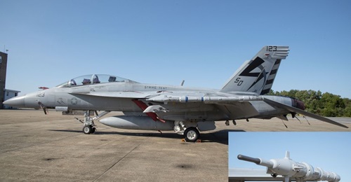 The Collins Aerospace/Leonardo DRS TCTS II pod mounted on the port wingtip of a US Navy F/A-18F, with (inset) a close-up of the pod.