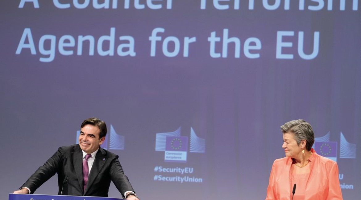 EU commissioner for promoting the European way of life and European Commission vice-president Margaritis Schinas (left) and EU commissioner for home affairs Ylva Johansson (right) reveal new counter-terrorism measures and a stronger Europol mandate at ...