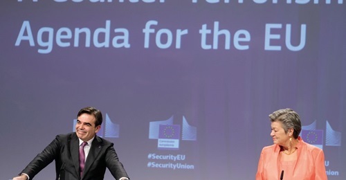 EU commissioner for promoting the European way of life and European Commission vice-president Margaritis Schinas (left) and EU commissioner for home affairs Ylva Johansson (right) reveal new counter-terrorism measures and a stronger Europol mandate at ...