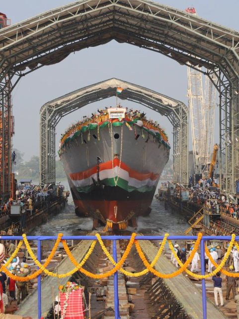 Himgiri
        , the first P17A frigate to be built by GRSE, is pictured at its launch ceremony on 14 December.
       (GRSE)
