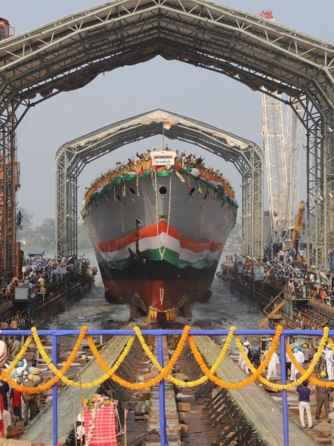 , the first P17A frigate to be built by GRSE, is pictured at its launch ceremony on 14 December.