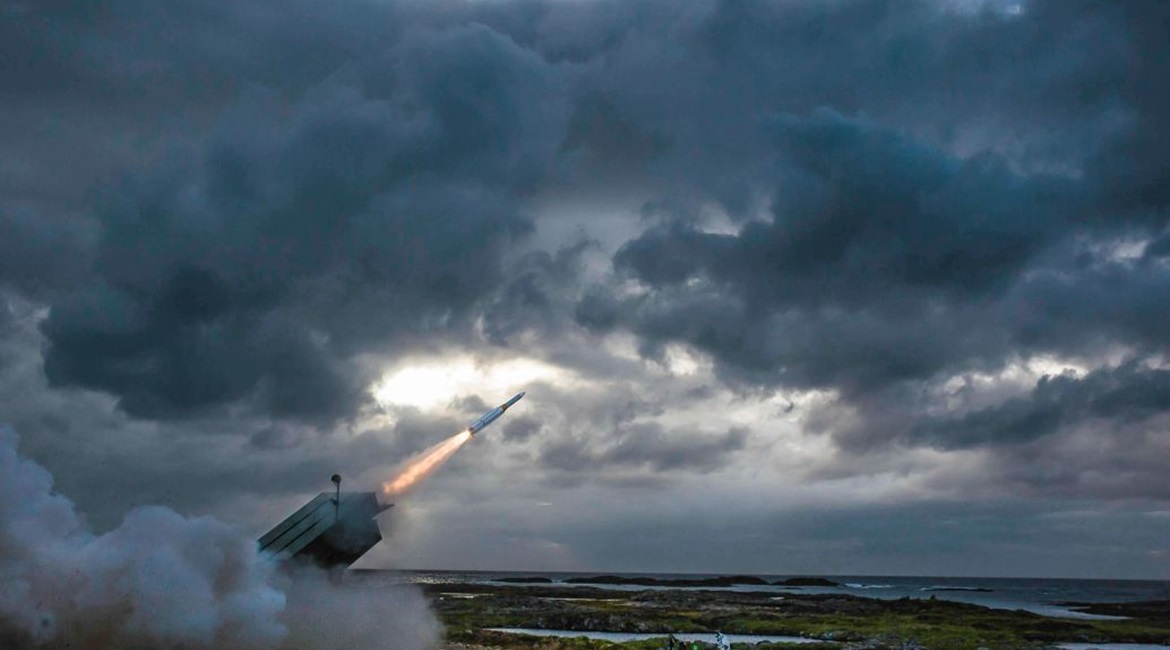 A baseline AMRAAM-ER surface-to-air interceptor is fired from a NASAMS launcher at the Andøya Test Center, Norway, in August 2016. Raytheon described the shot as “more of a 'concept demonstration' rather than a flight test”